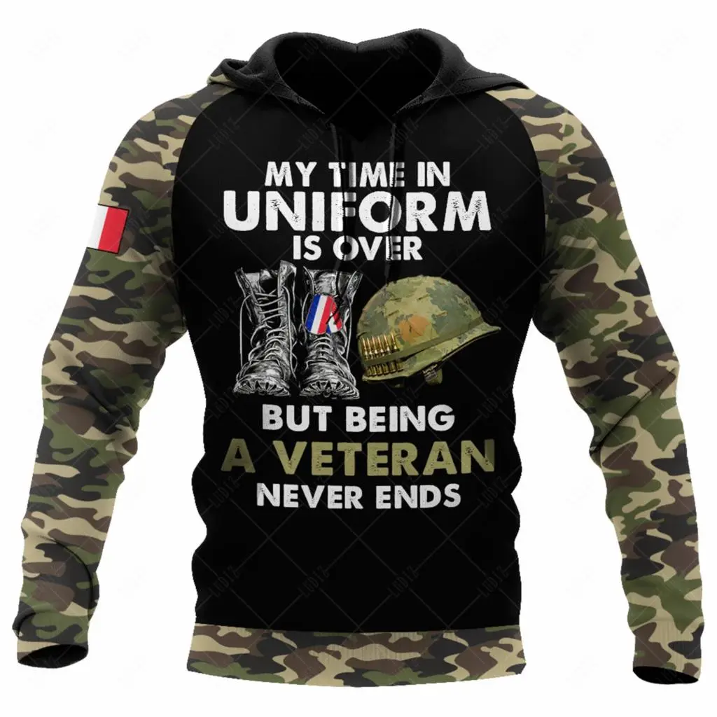 France Army Camouflage Men Ladies Hoodies Commando ARMY-VETERAN 3D Special Forces Long Sleeved Tactical Shirts Men's Clothing