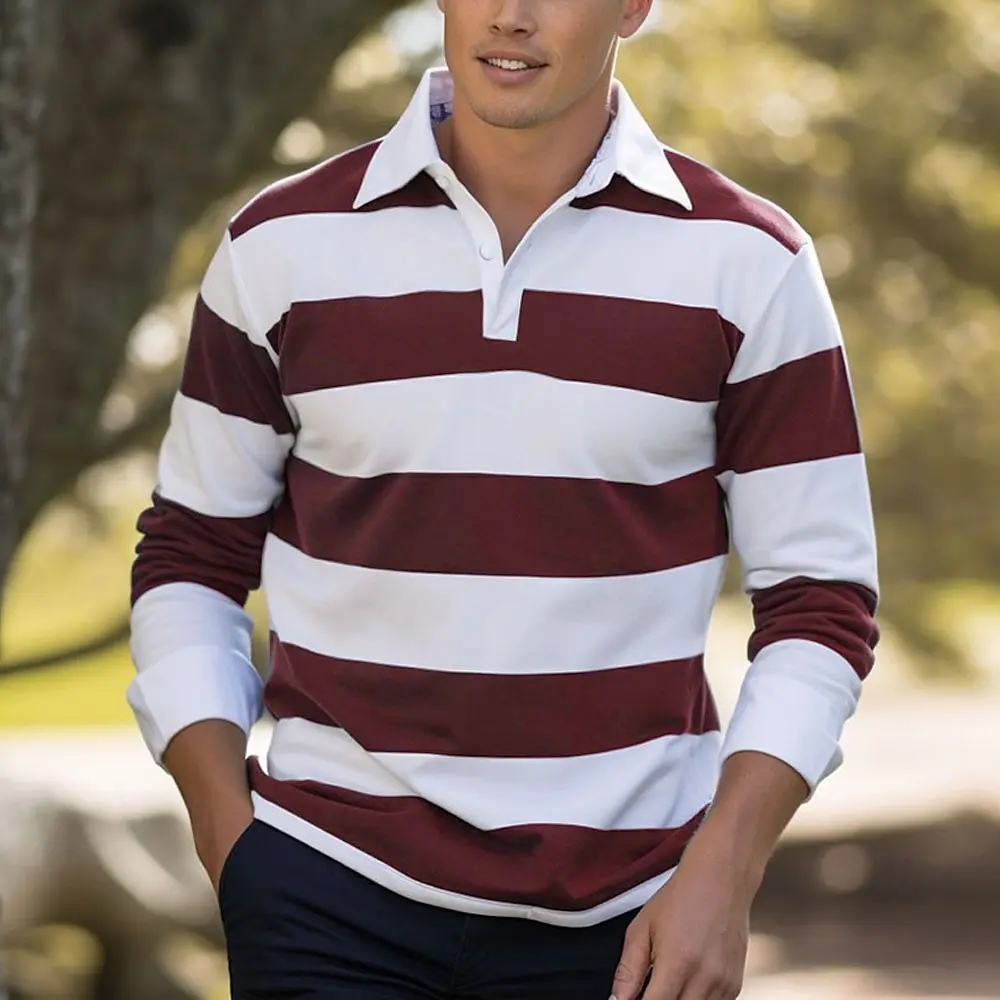 2025 Fashion Men's Stripe Long Sleeve Polo Shirt Breathable Casual Tops Slim Fit Quick Drying Classic Collar Polo Shirts