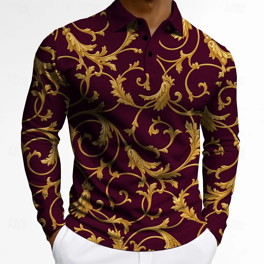 2025 Men's  Floral  Long Sleeve Polo Shirt Breathable Business Casual Top Slim Fit Quick Dry Multi Colors Fall Winter