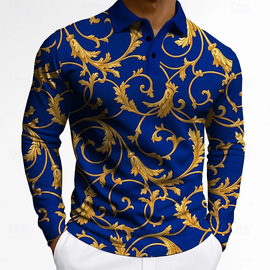 2025 Men's  Floral  Long Sleeve Polo Shirt Breathable Business Casual Top Slim Fit Quick Dry Multi Colors Fall Winter