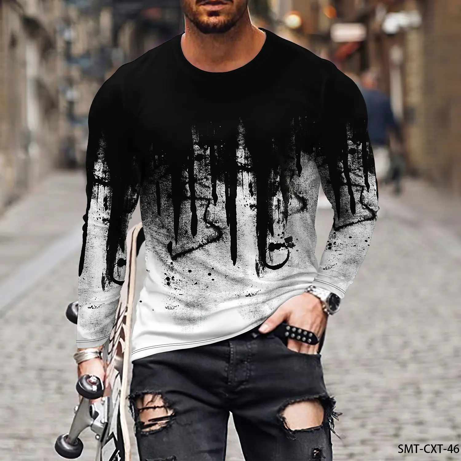 Colorful Line Pattern 3D Printing Men's Round Neck T-shirt Casual Long Sleeve Plus Size Pullover Fashion Trend Men's Clothing