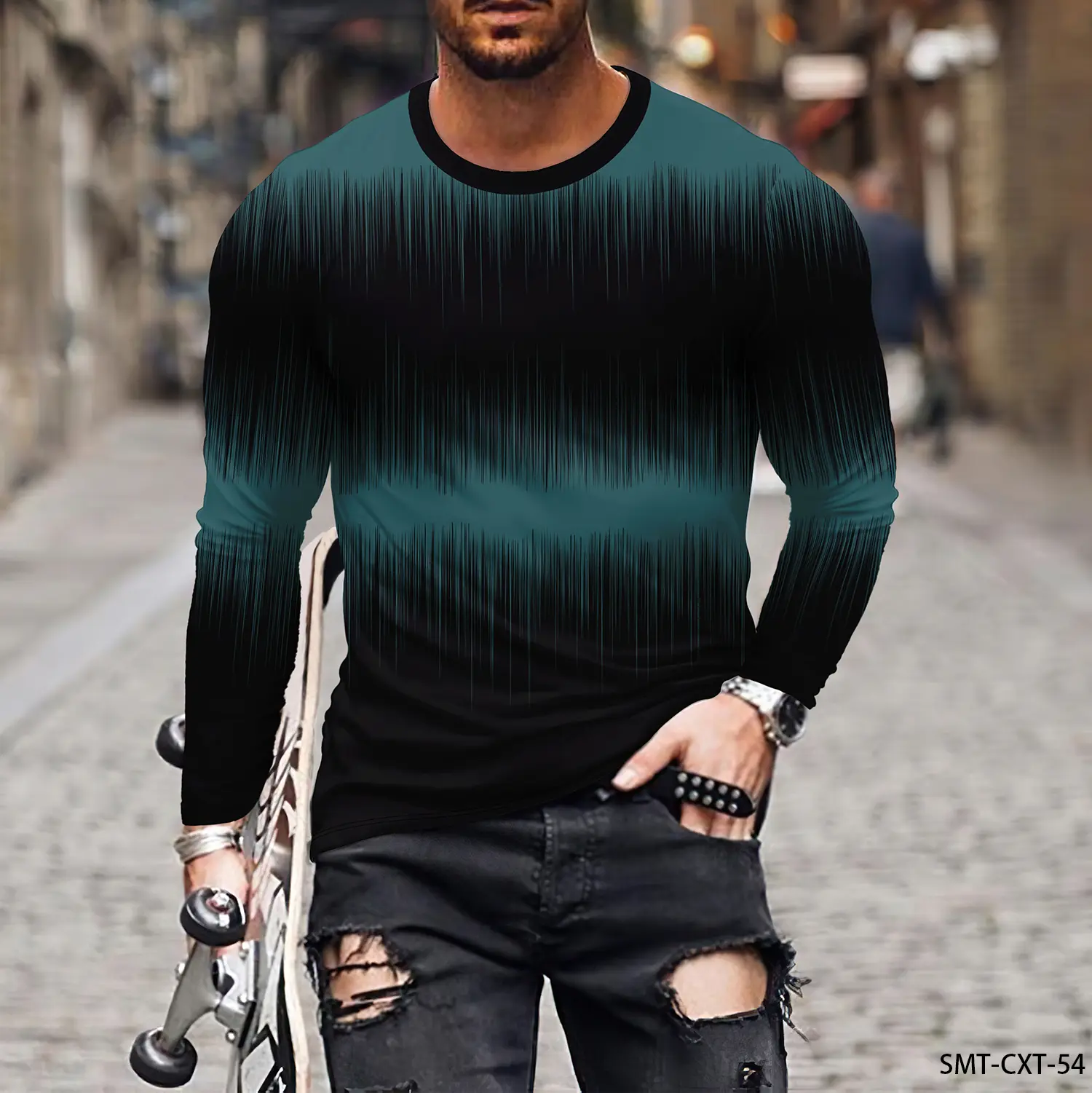 Colorful Line Pattern 3D Printing Men's Round Neck T-shirt Casual Long Sleeve Plus Size Pullover Fashion Trend Men's Clothing