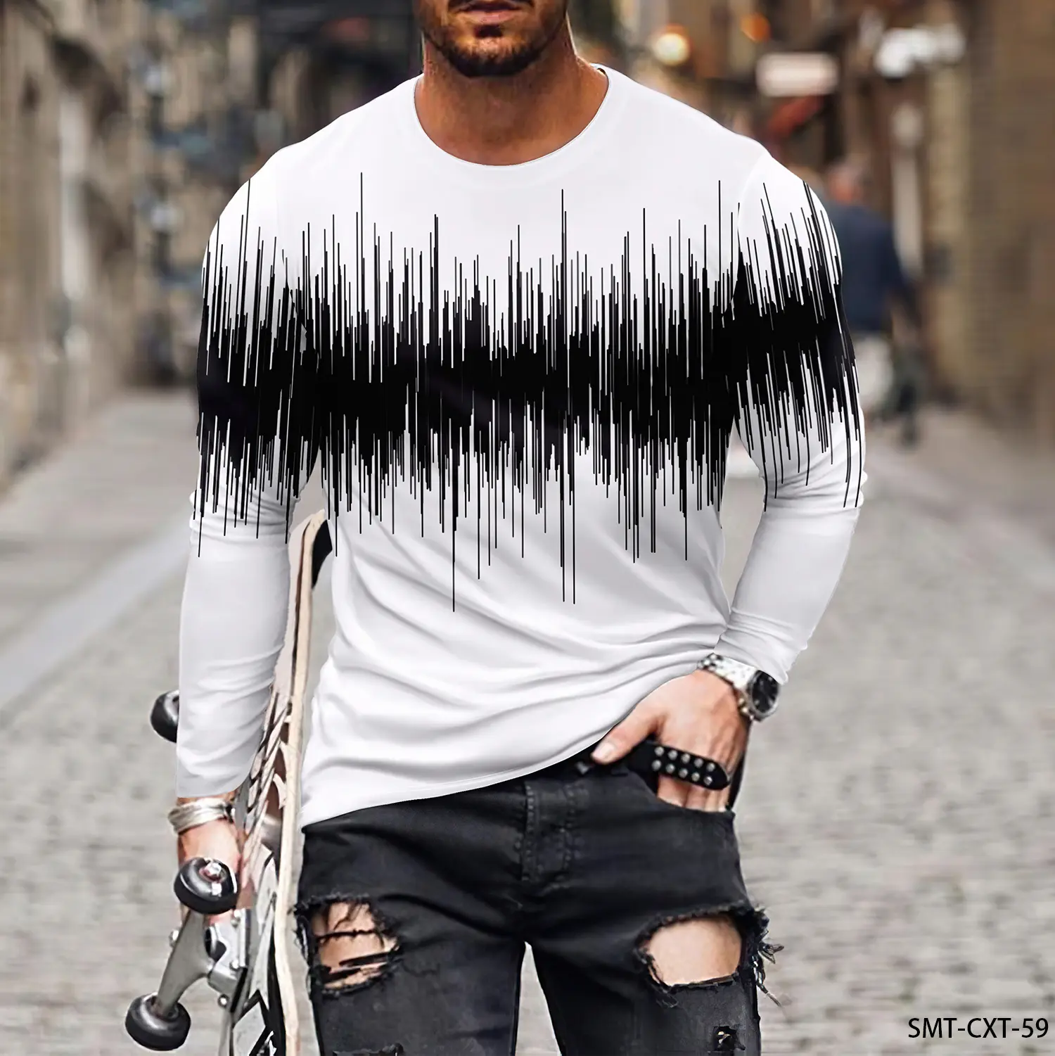 Colorful Line Pattern 3D Printing Men's Round Neck T-shirt Casual Long Sleeve Plus Size Pullover Fashion Trend Men's Clothing