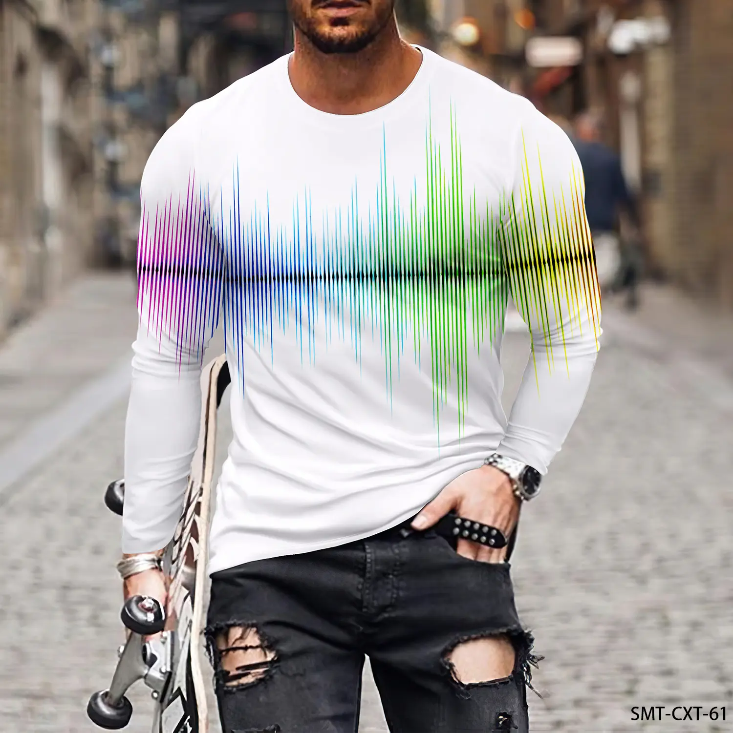 Colorful Line Pattern 3D Printing Men's Round Neck T-shirt Casual Long Sleeve Plus Size Pullover Fashion Trend Men's Clothing