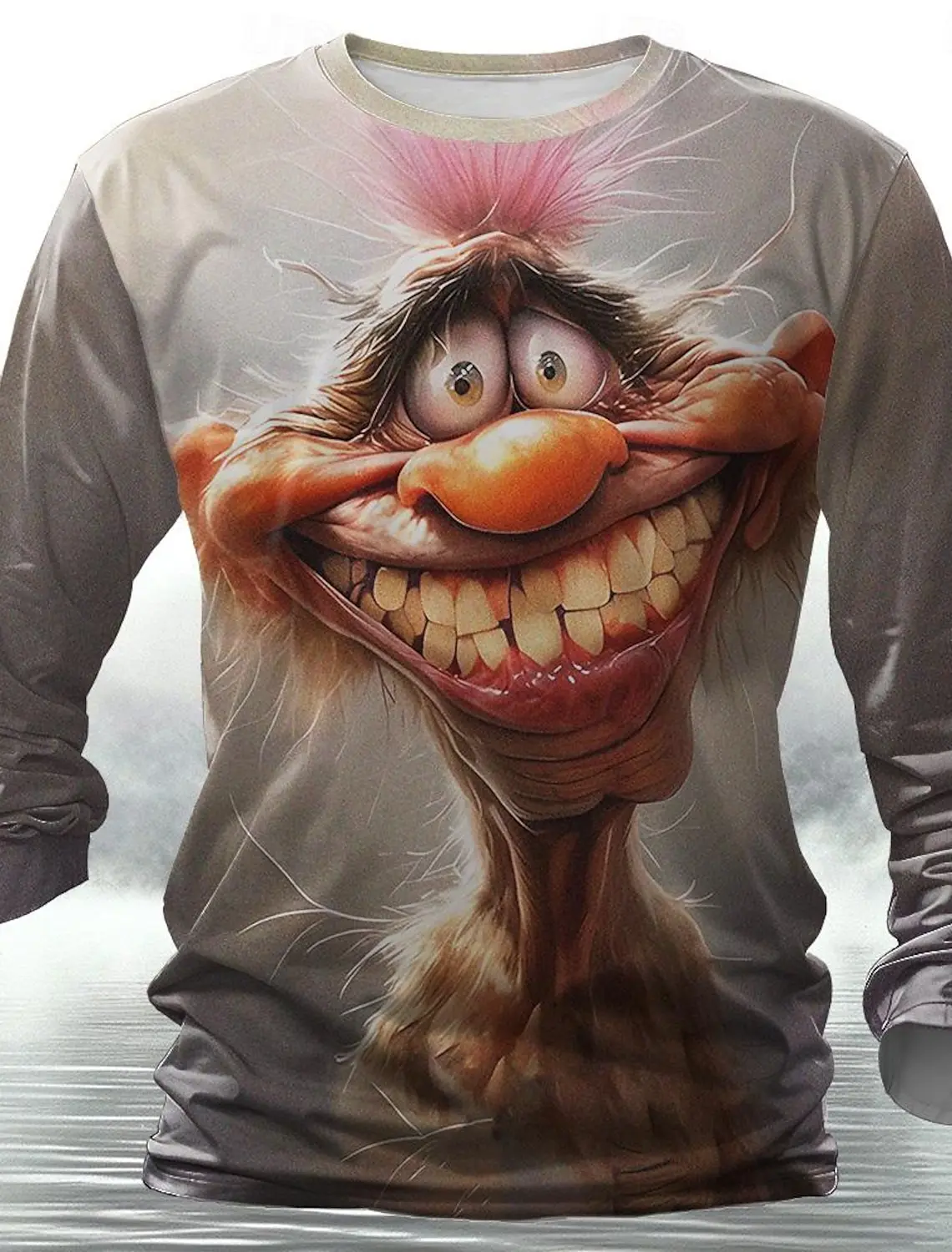 Funny animal design retro men 3D printing street casual daily gray longsleeved round neck shirt spring and autumn clothing