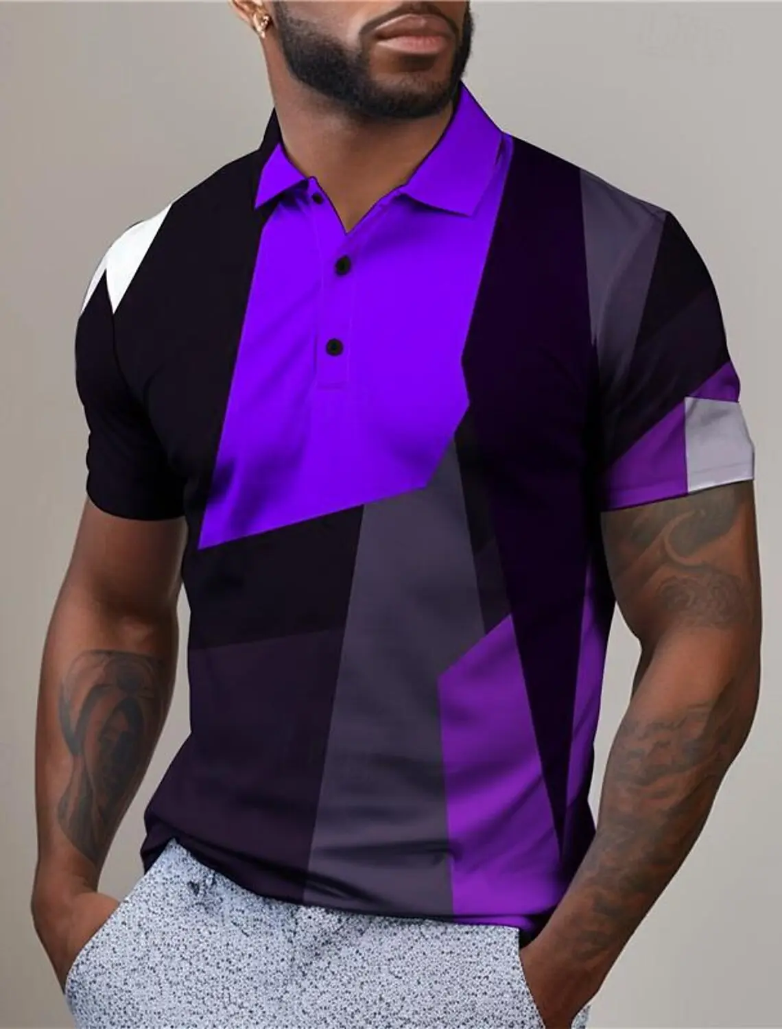 2024 Color Block Geometry Men's Fashion Casual Golf Polo Shirt Short Sleeve Turndown Polo ShirtsSummer Micro-elastic Lapel Polo