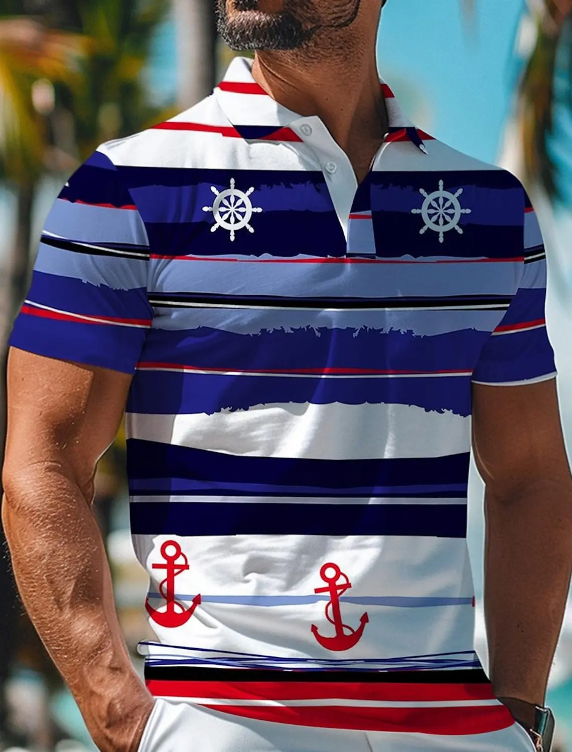 Striped Anchor Men's Casual 3D Polo Shirt Street Polyester Short Sleeve Turndown Polo Shirts Summer  Micro-elastic Lapel Polo