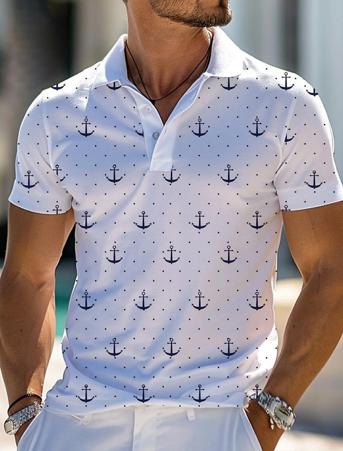 Striped Anchor Men's Casual 3D Polo Shirt Street Polyester Short Sleeve Turndown Polo Shirts Summer  Micro-elastic Lapel Polo