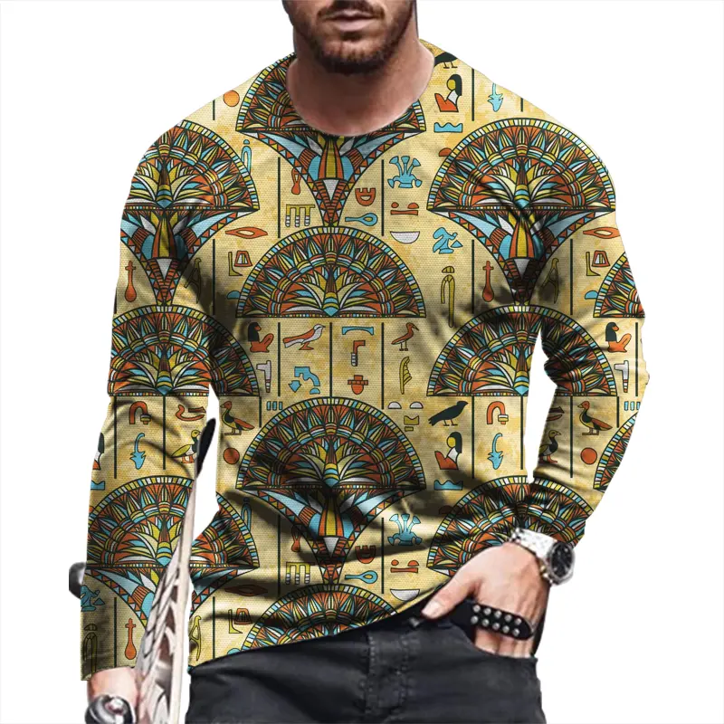 Ancient Egyptian 3D Print Autumn Men's O-Neck T-shirt Casual Long Sleeve Oversized Pullover Fashion Tops Streetwear Men Clothing