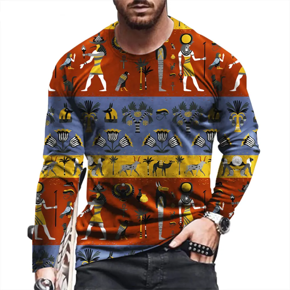Ancient Egyptian 3D Print Autumn Men's O-Neck T-shirt Casual Long Sleeve Oversized Pullover Fashion Tops Streetwear Men Clothing