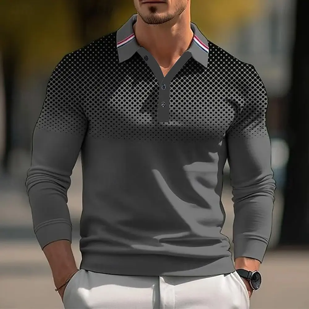 2025 Men's Dot Geometic Long Sleeve Polo Shirt Breathable Business Casual Top Slim Fit Quick Dry Multi Colors Fall Winter