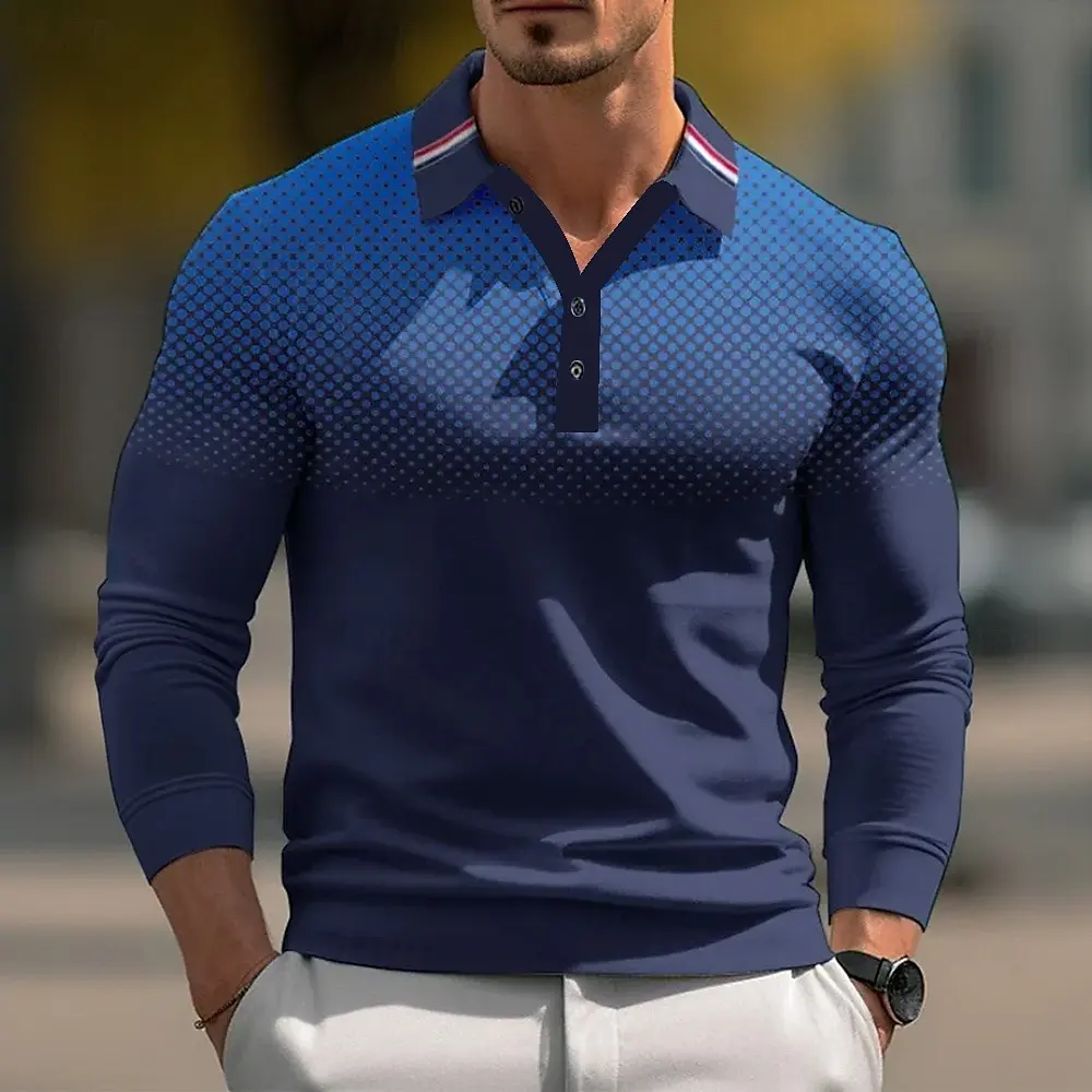 2025 Men's Dot Geometic Long Sleeve Polo Shirt Breathable Business Casual Top Slim Fit Quick Dry Multi Colors Fall Winter