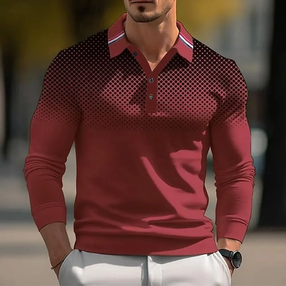 2025 Men's Dot Geometic Long Sleeve Polo Shirt Breathable Business Casual Top Slim Fit Quick Dry Multi Colors Fall Winter
