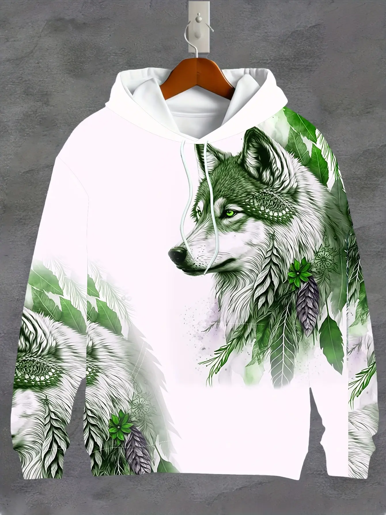 Men's Retro Style Wolf And Feather Pattern Hooded Sweatshirt With Drawstring And Kangaroo Pocket, Sports Hoodie For Fall