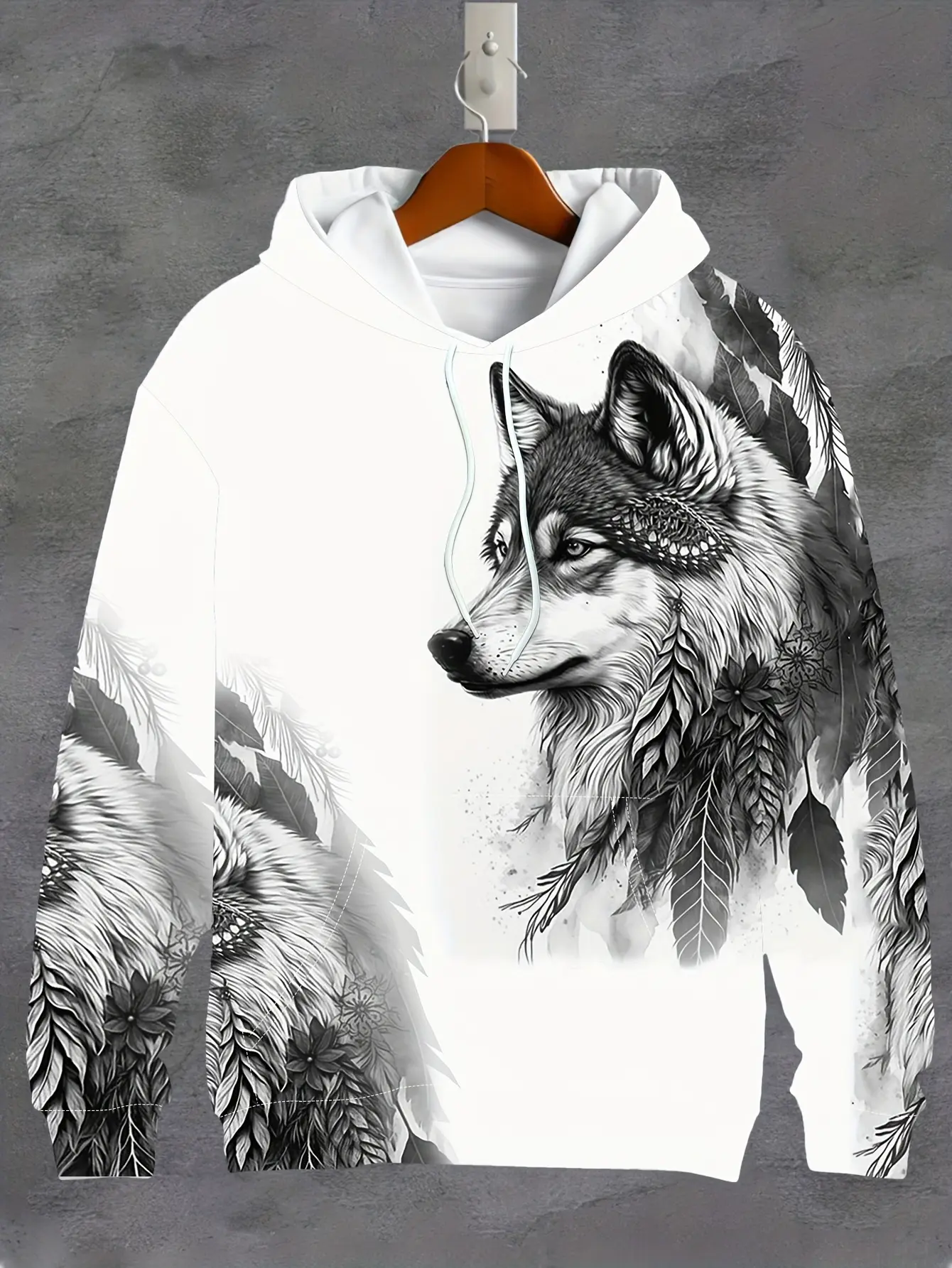 Men's Retro Style Wolf And Feather Pattern Hooded Sweatshirt With Drawstring And Kangaroo Pocket, Sports Hoodie For Fall