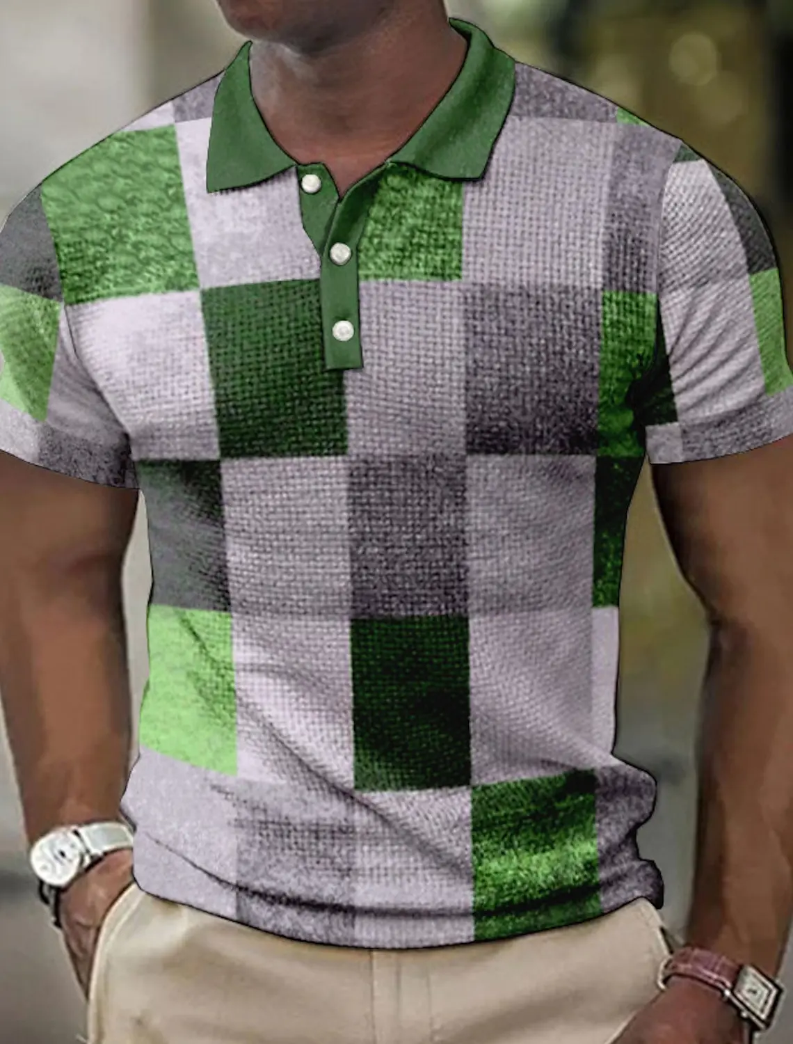 Men's Polo shirt lapel Polo button shirt color block plaid 3D pattern printed cuff outdoor street short-sleeved printed clothing