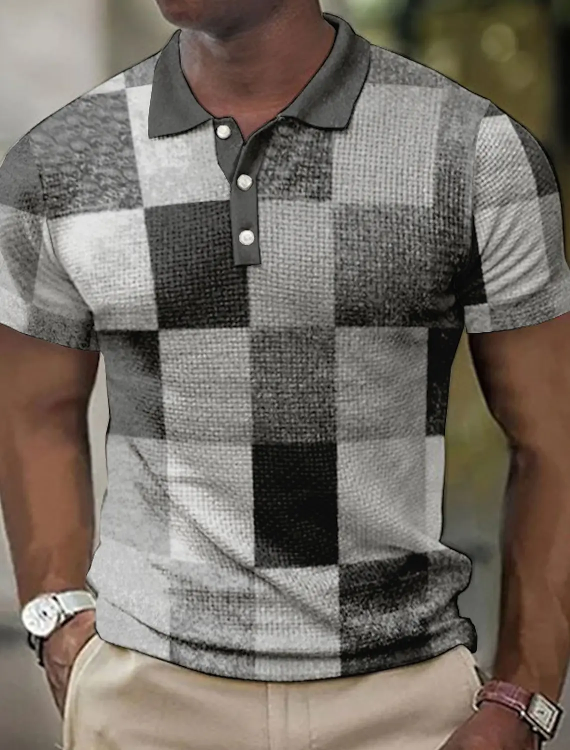 Men's Polo shirt lapel Polo button shirt color block plaid 3D pattern printed cuff outdoor street short-sleeved printed clothing