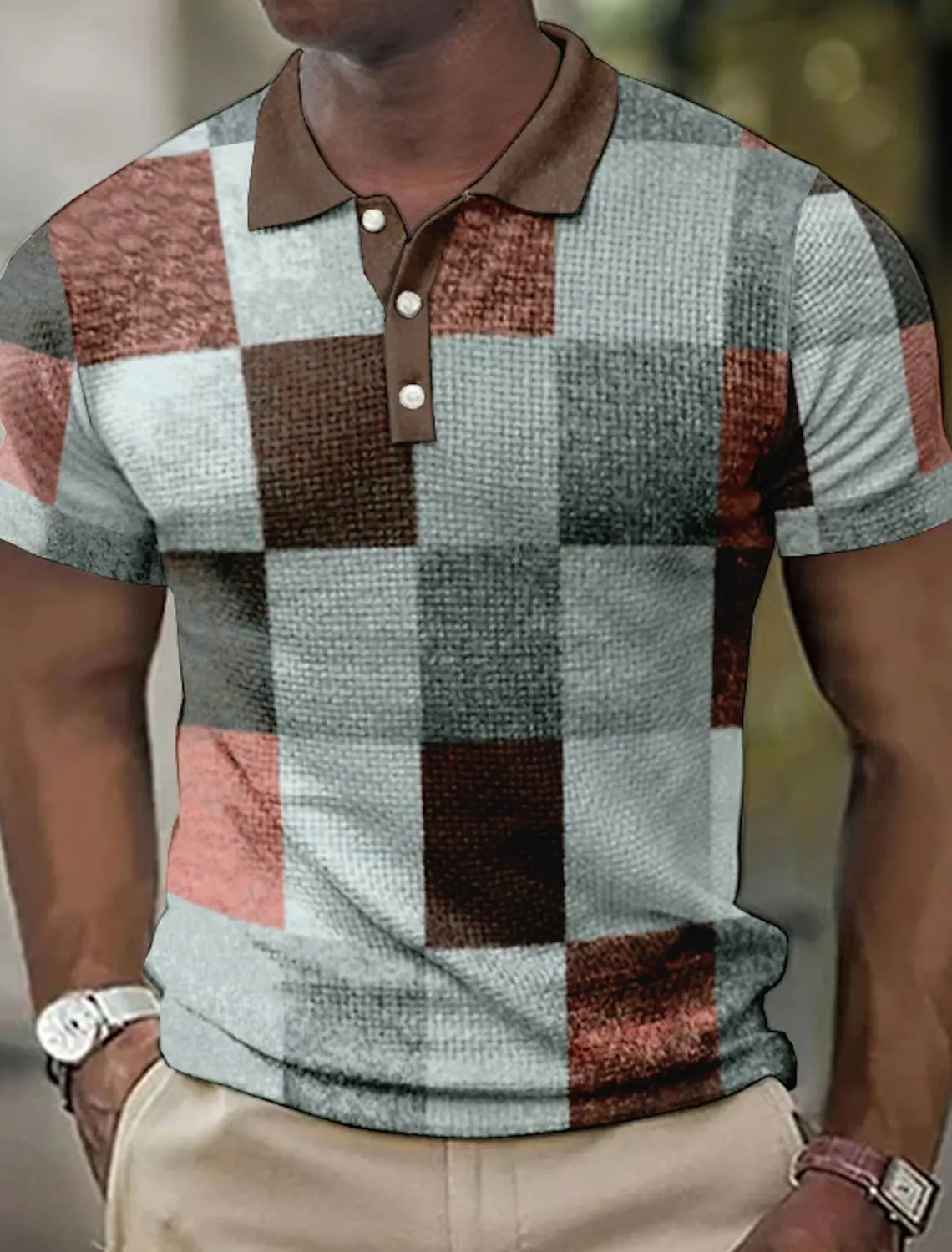 Men's Polo shirt lapel Polo button shirt color block plaid 3D pattern printed cuff outdoor street short-sleeved printed clothing