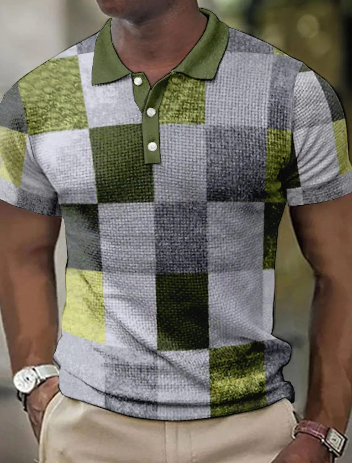 Men's Polo shirt lapel Polo button shirt color block plaid 3D pattern printed cuff outdoor street short-sleeved printed clothing