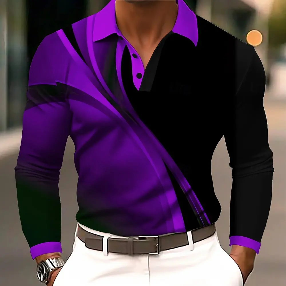 Men's Geometic Line Golf Polo Long Sleeve Polo Shirt Athleisure Daily Wear 3D Prints Breathable Buttons Tops 2025 Fall Winter