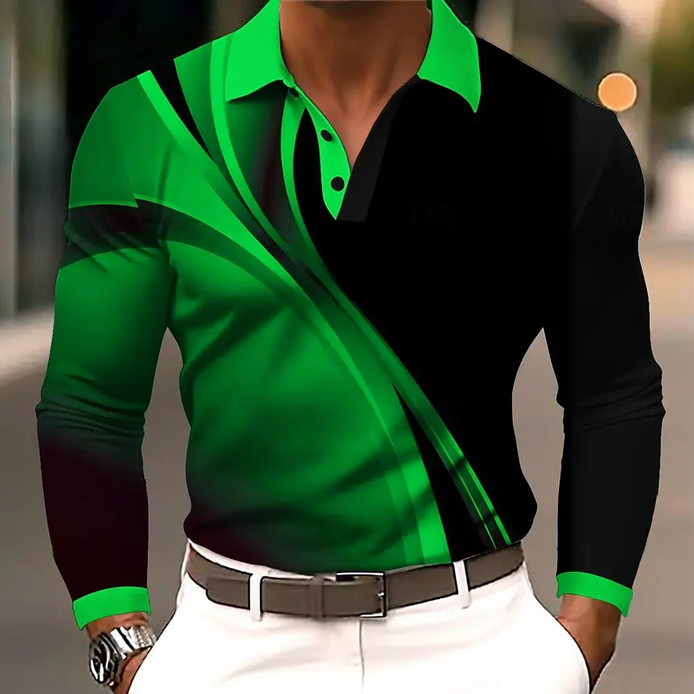 Men's Geometic Line Golf Polo Long Sleeve Polo Shirt Athleisure Daily Wear 3D Prints Breathable Buttons Tops 2025 Fall Winter