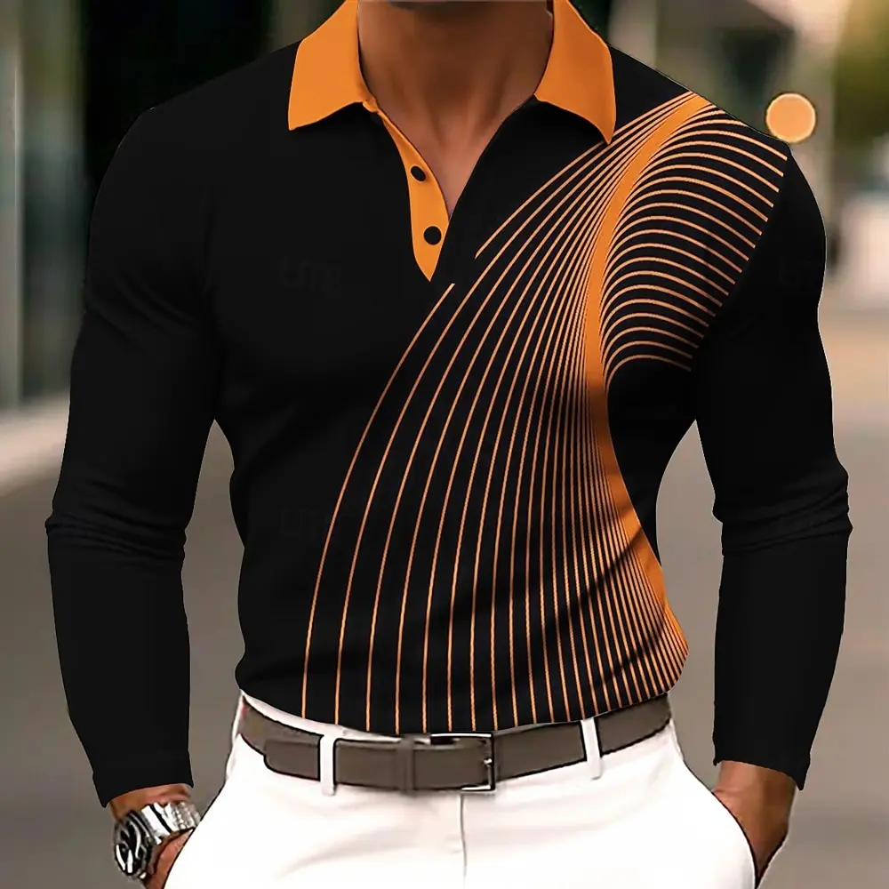 Men's Geometic Line Golf Polo Long Sleeve Polo Shirt Athleisure Daily Wear 3D Prints Breathable Buttons Tops 2025 Fall Winter