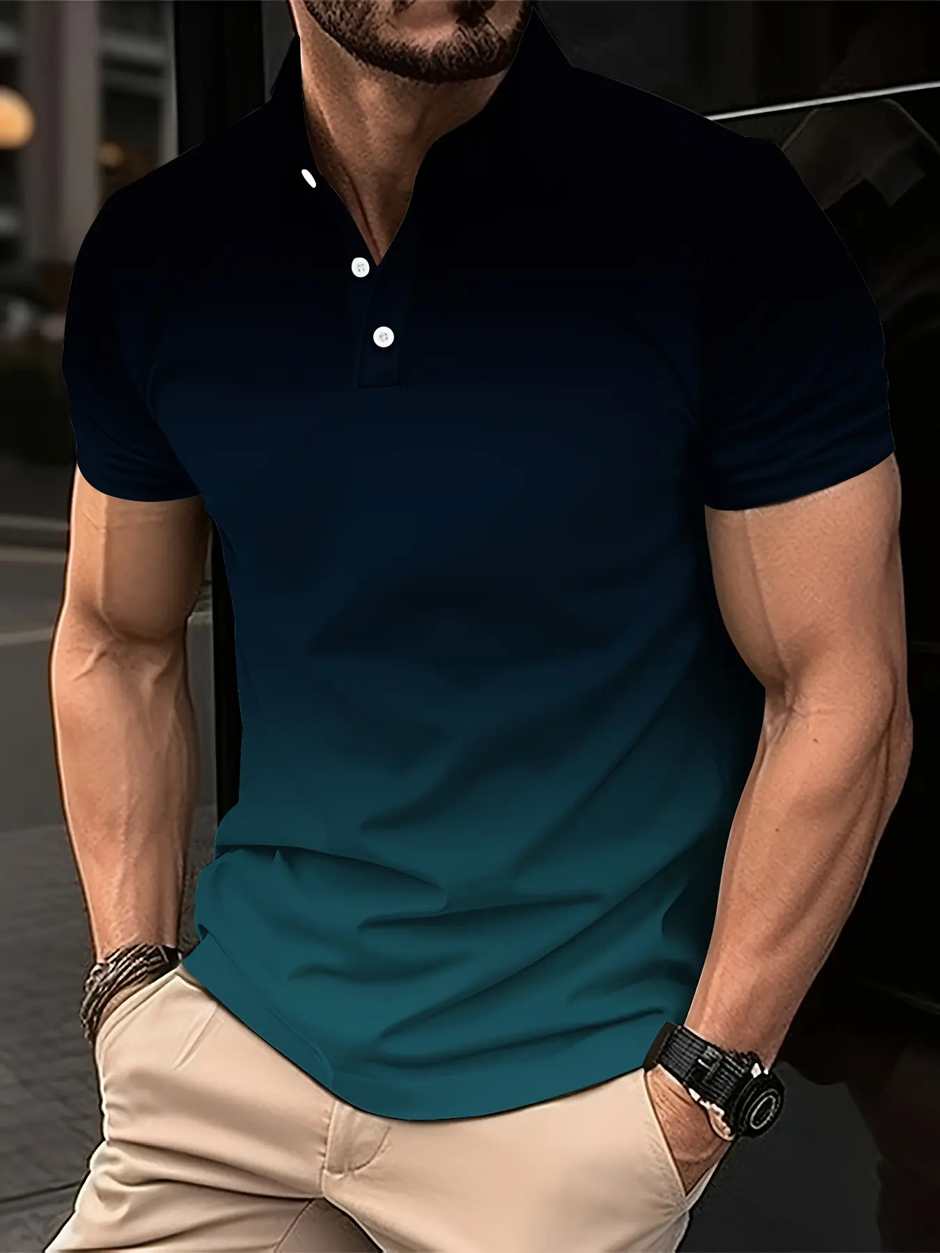 Men's Fashion Gradient Color Polo Shirt Lapel Golf Shirt Short Sleeve Printed Button Clothing Fashion Design Casual Breathable