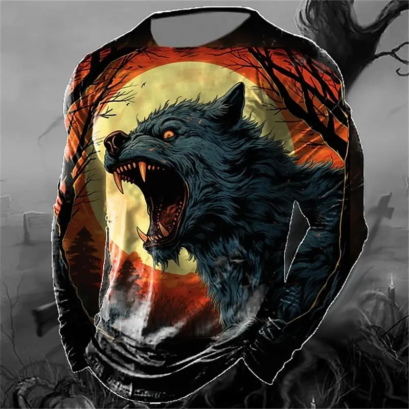 Men's T Shirt Animal Wolf 3d Print Blouse Halloween Long Sleeve Tee Vintage Fashion Man Clothing Autumn Casual Gothic Pullover