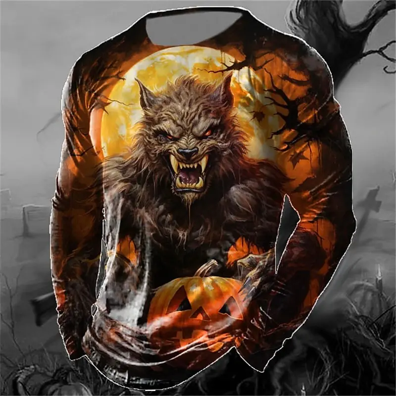 Men's T Shirt Animal Wolf 3d Print Blouse Halloween Long Sleeve Tee Vintage Fashion Man Clothing Autumn Casual Gothic Pullover