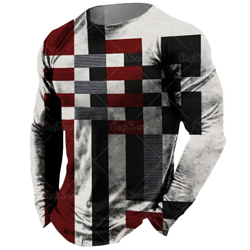 Vintage Men's Long Sleeve T-shirt Tops Plaid Print Autumn Oversized Sweatshirt Male O-neck Casual Daily Streetwear Men Clothing