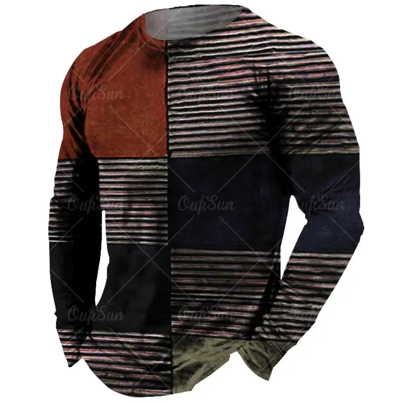 Vintage Men's Long Sleeve T-shirt Tops Plaid Print Autumn Oversized Sweatshirt Male O-neck Casual Daily Streetwear Men Clothing