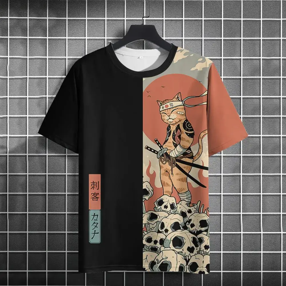 Retro Anime Cat Men's T-shirt Summer O-neck Casual Short Sleeve Tees harajuku Short Sleeve Men's Clothing Male Streetwear Tops
