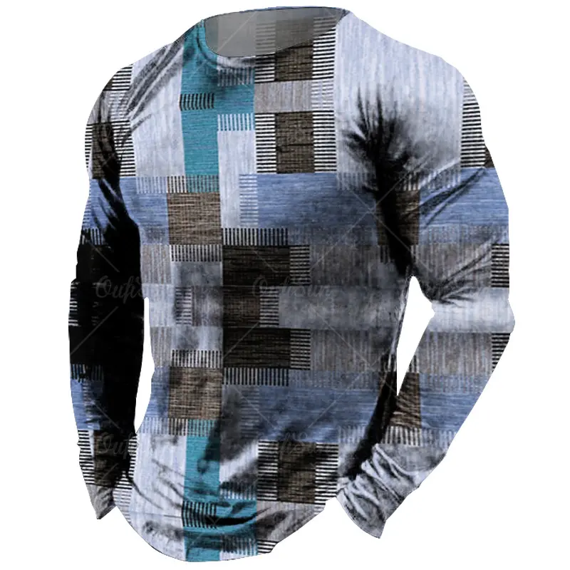 Vintage Men's Long Sleeve T-shirt Tops Plaid Print Autumn Oversized Sweatshirt Male O-neck Casual Daily Streetwear Men Clothing