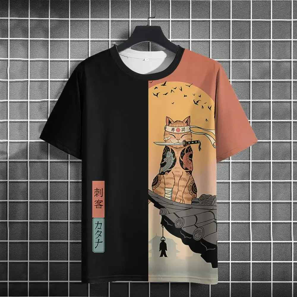 Retro Anime Cat Men's T-shirt Summer O-neck Casual Short Sleeve Tees harajuku Short Sleeve Men's Clothing Male Streetwear Tops