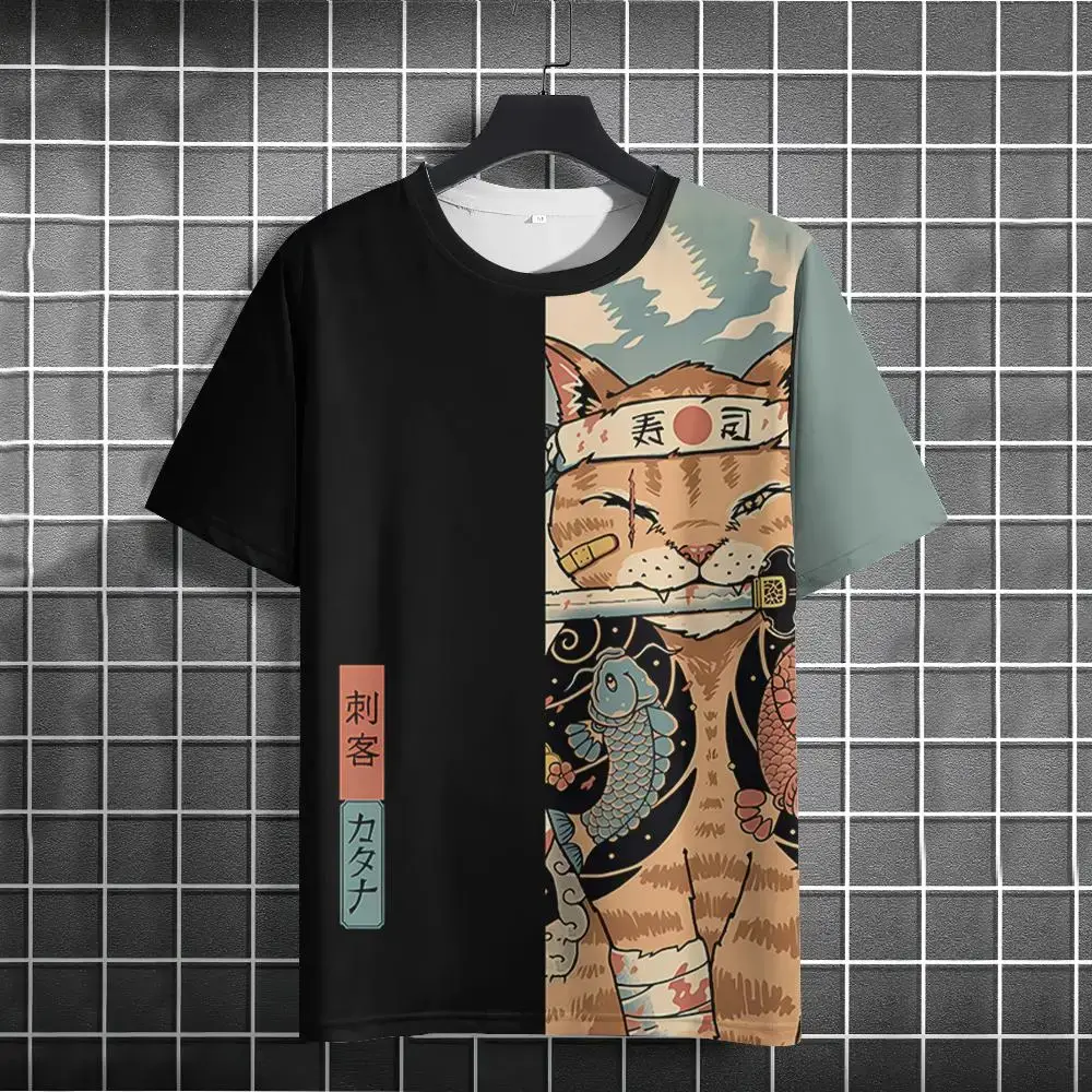 Retro Anime Cat Men's T-shirt Summer O-neck Casual Short Sleeve Tees harajuku Short Sleeve Men's Clothing Male Streetwear Tops