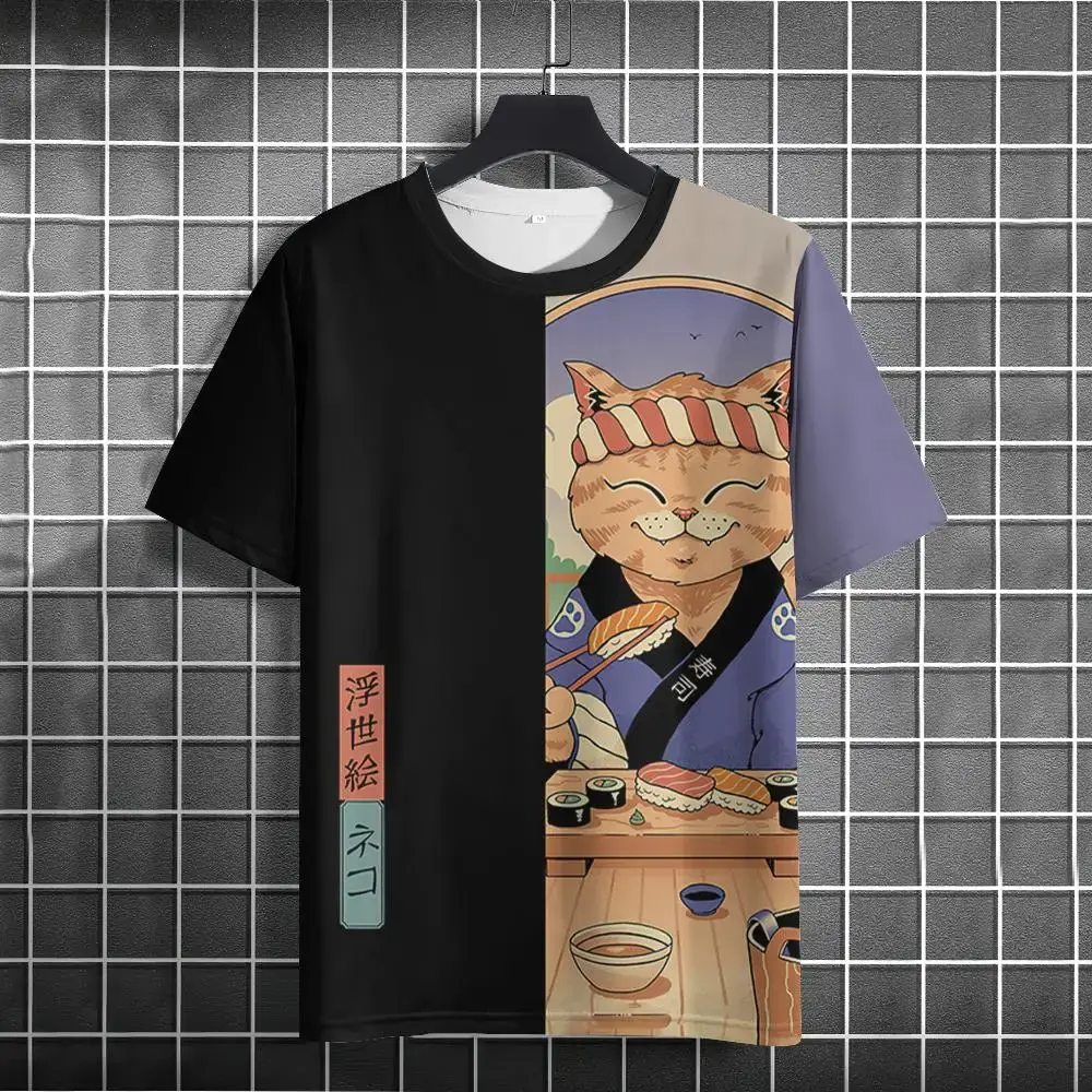 Retro Anime Cat Men's T-shirt Summer O-neck Casual Short Sleeve Tees harajuku Short Sleeve Men's Clothing Male Streetwear Tops
