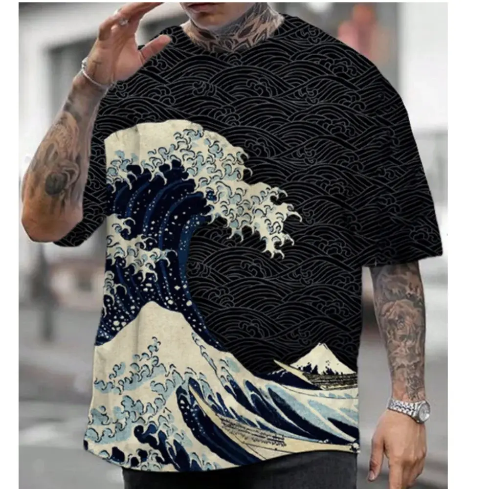 Summer New Beach Street Japanese Ukiyo-e 3D Printed Men's T-shirt Harajuku Fashion Crew Neck Hip-hop Men's Short Sleeve Tee Tops