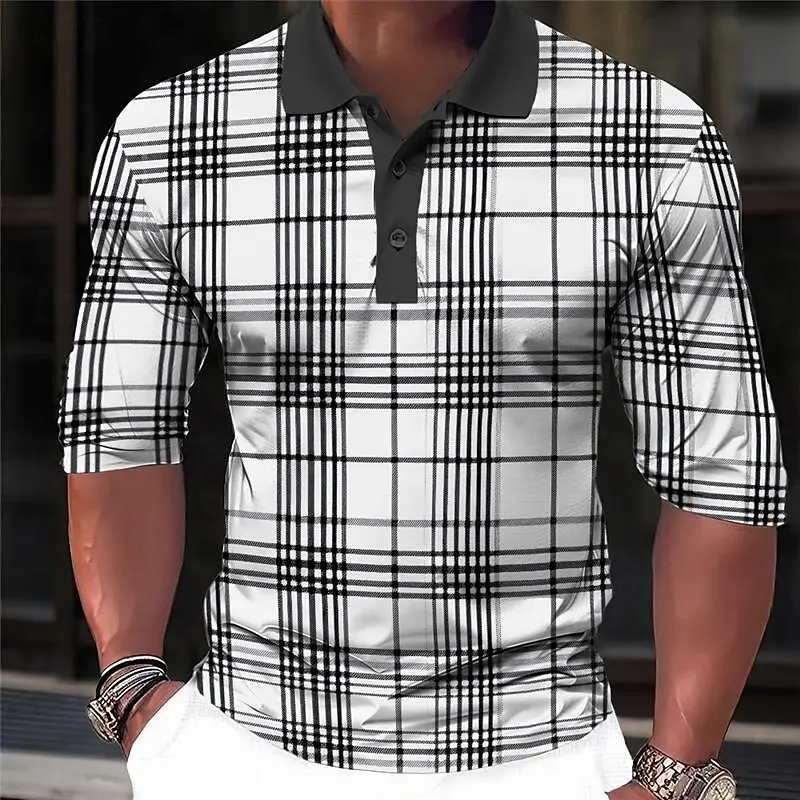 Fall Winter Men's Plaid Long Sleeve Polo Shirt Breathable Casual Tops Slim Fit Quick Drying Classic Collar Polo Shirts for Mens