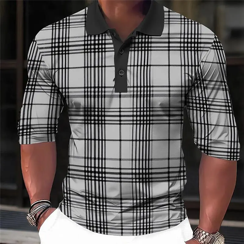 Fall Winter Men's Plaid Long Sleeve Polo Shirt Breathable Casual Tops Slim Fit Quick Drying Classic Collar Polo Shirts for Mens