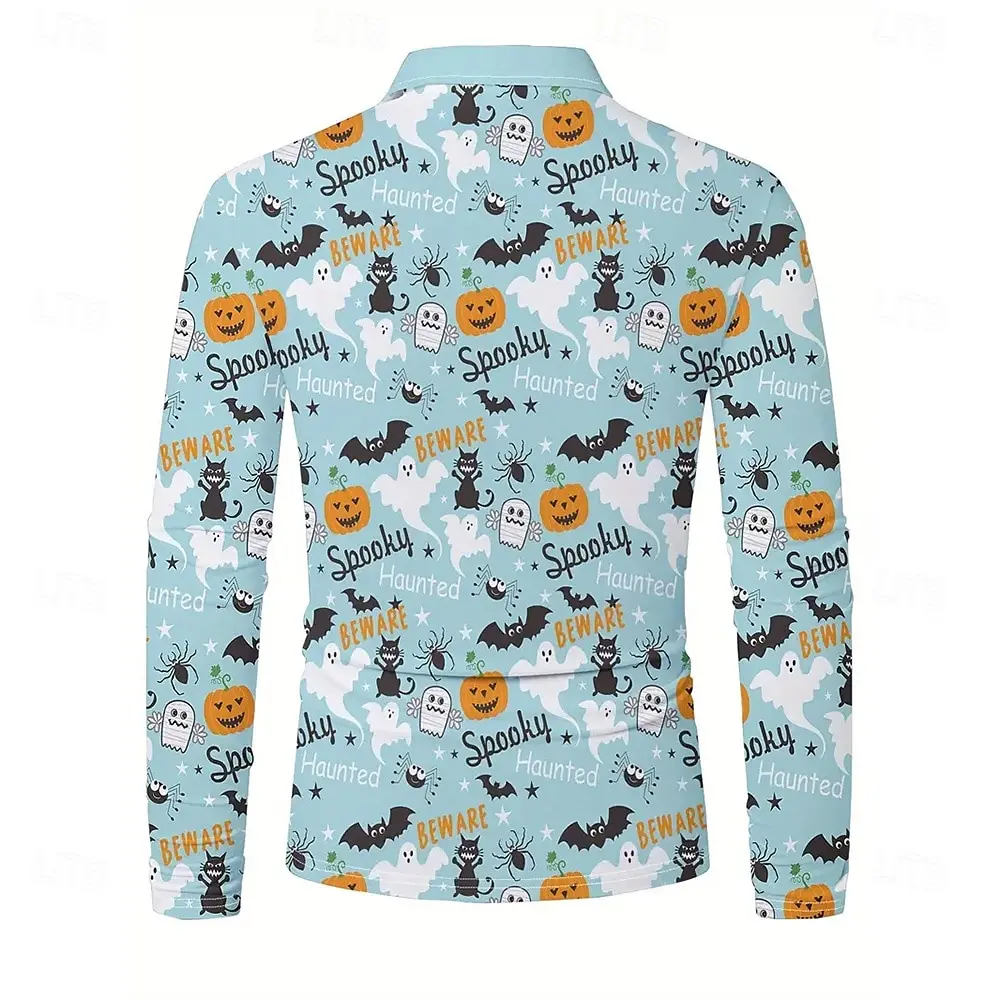 Halloween Theme Men's Pumpkin Ghost Long Sleeve Polo Shirt Breathable Casual Top Slim Fit Quick Dry Classic Collar Multi Colors