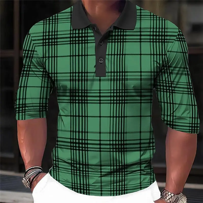 Fall Winter Men's Plaid Long Sleeve Polo Shirt Breathable Casual Tops Slim Fit Quick Drying Classic Collar Polo Shirts for Mens