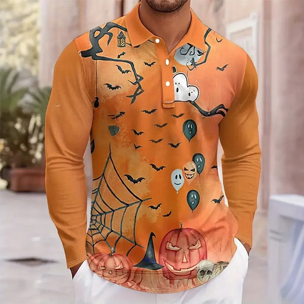 Halloween Theme Men's Pumpkin Ghost Long Sleeve Polo Shirt Breathable Casual Top Slim Fit Quick Dry Classic Collar Multi Colors