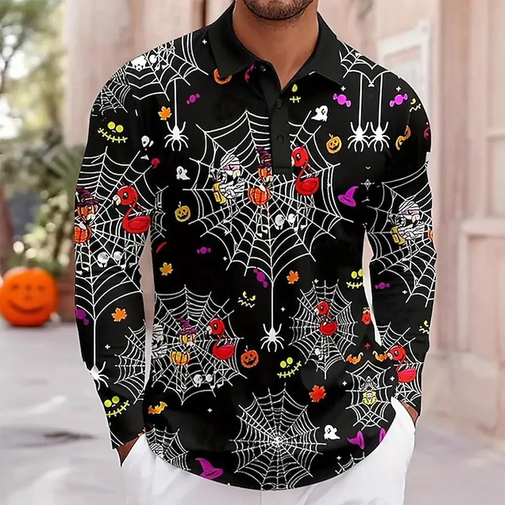 Halloween Theme Men's Pumpkin Ghost Long Sleeve Polo Shirt Breathable Casual Top Slim Fit Quick Dry Classic Collar Multi Colors