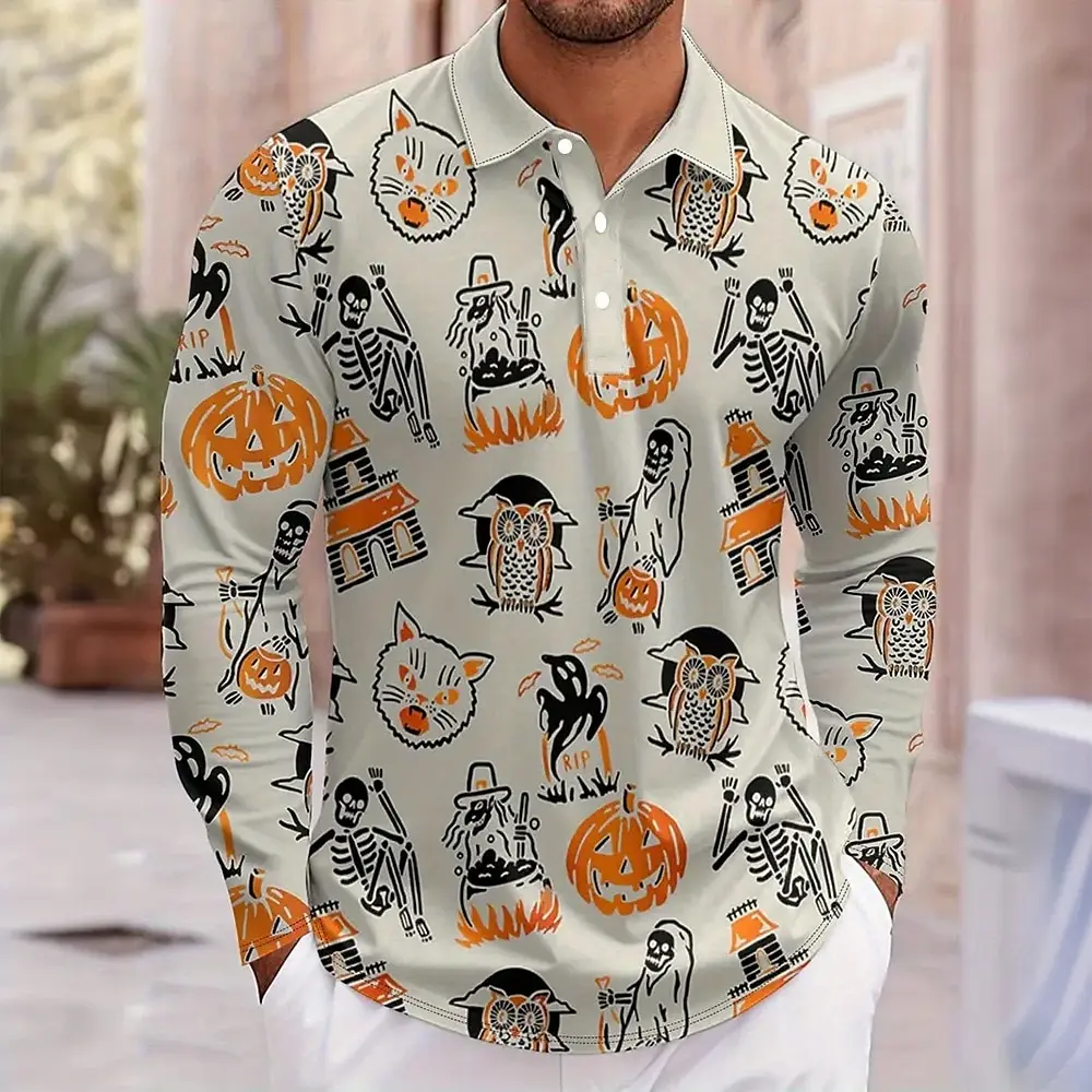 Halloween Theme Men's Pumpkin Ghost Long Sleeve Polo Shirt Breathable Casual Top Slim Fit Quick Dry Classic Collar Multi Colors