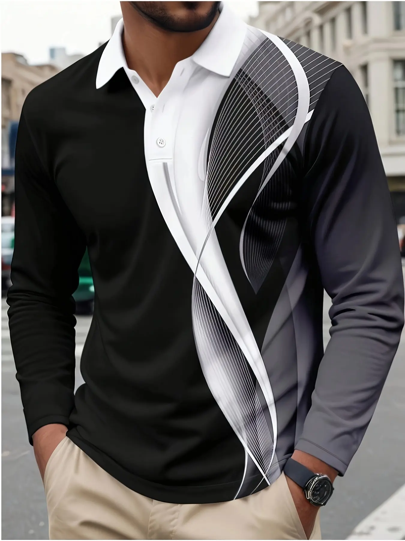 2025 Fashion Men's Geometic Print Business Polo Long Sleeve Polo Shirts Athleisure Daily Wear 3D Prints Breathable Buttons Tops