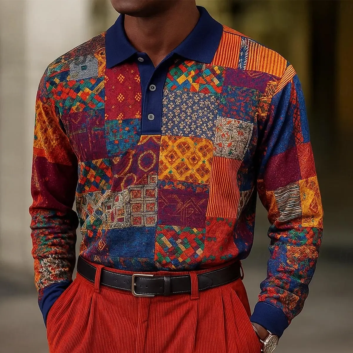 Men's Abstract Geometic Long Sleeve Polo Shirt 100% Polyster Breathable Business Casual Top Slim Fit Quick Dry Multi Colors
