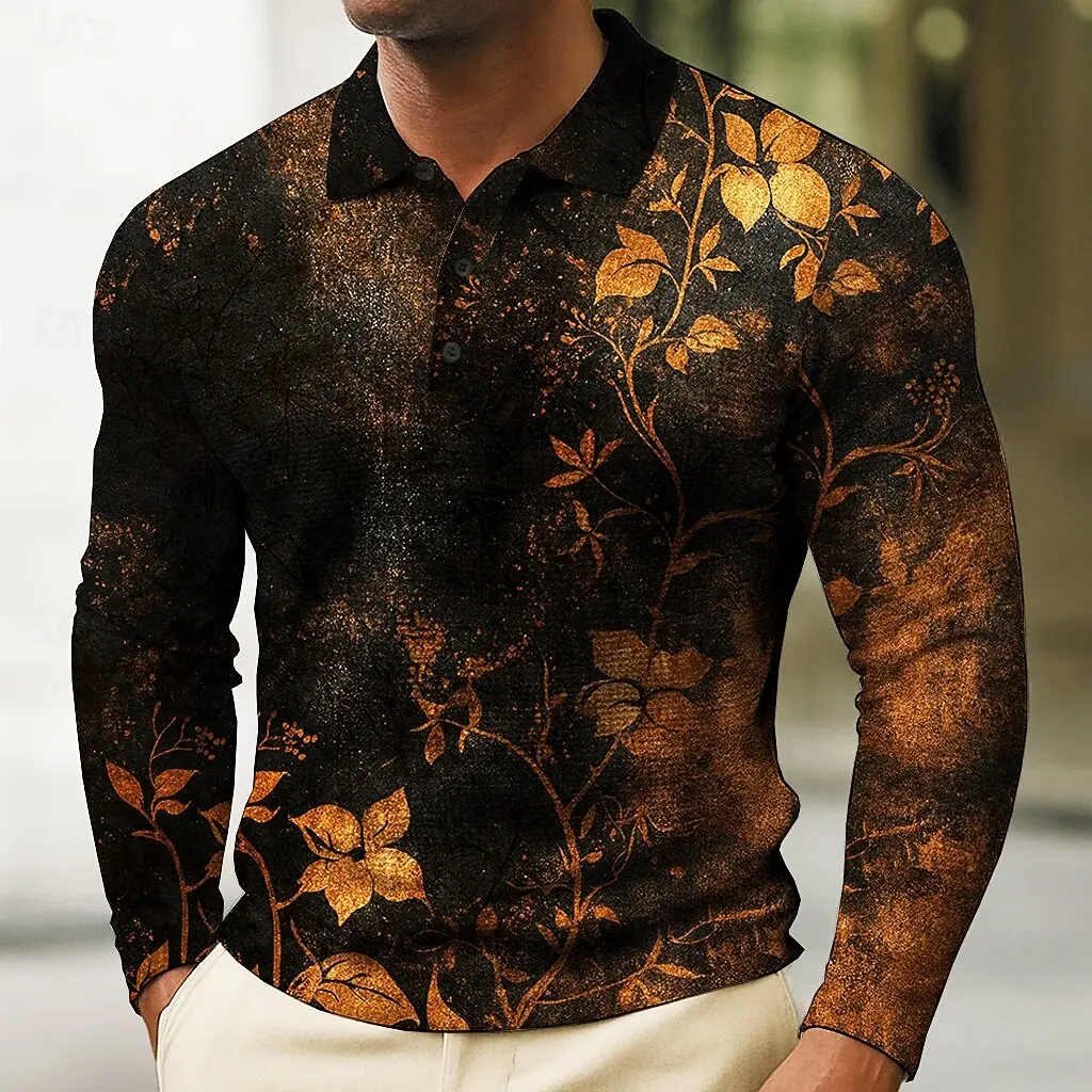 Fashion Men's Floral Print Polo Long Sleeve Polo Shirts Athleisure Daily Wear 3D Prints Breathable Buttons Tops 2025 Fall Winter