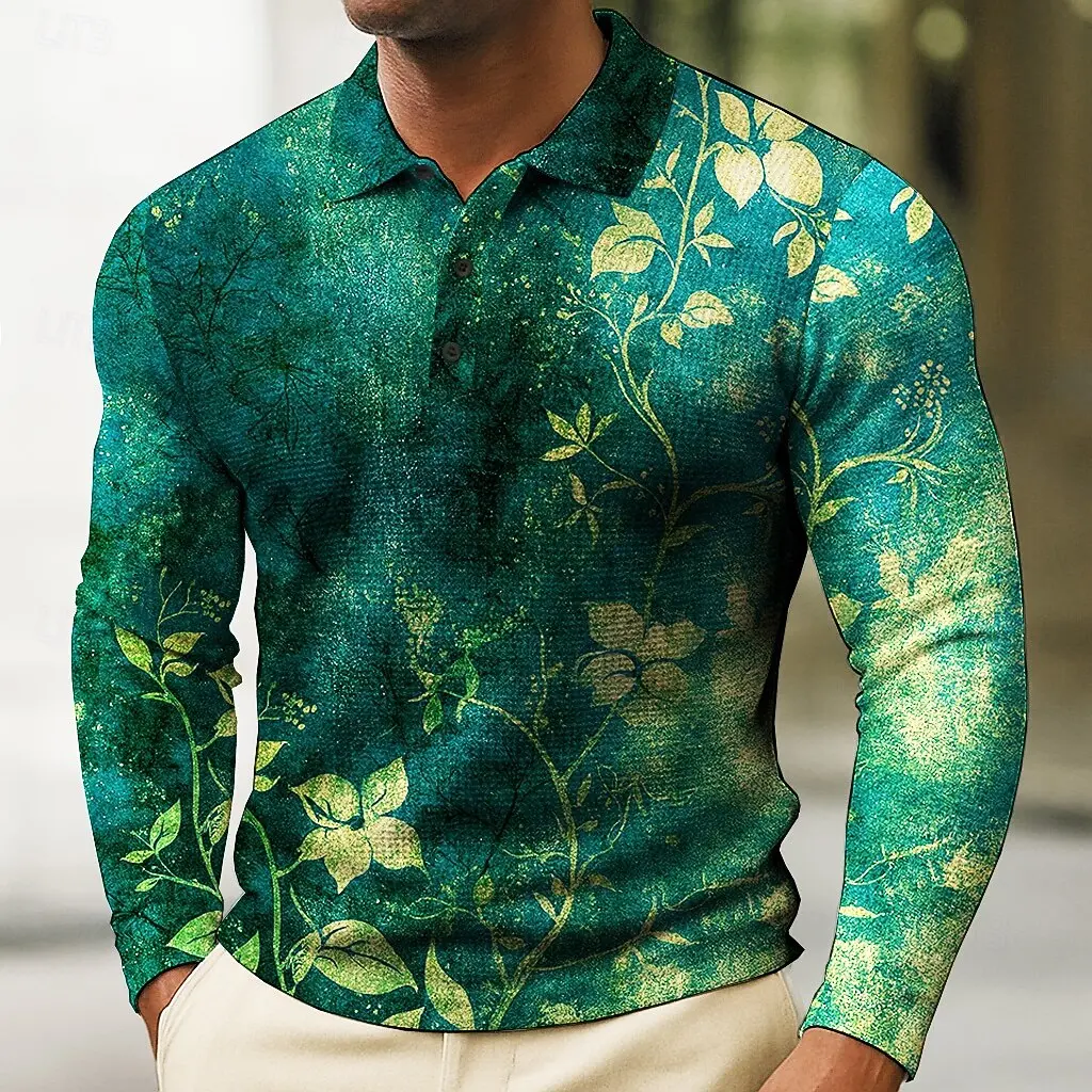 Fashion Men's Floral Print Polo Long Sleeve Polo Shirts Athleisure Daily Wear 3D Prints Breathable Buttons Tops 2025 Fall Winter