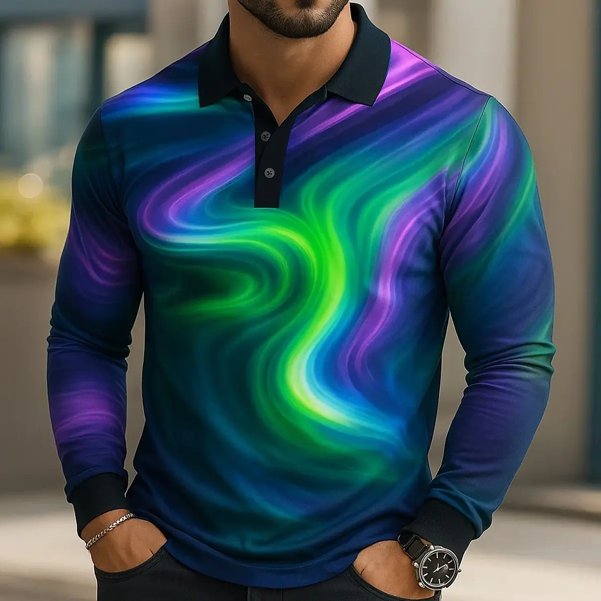 2025 Men's Geometic Line Long Sleeve Polo Shirt Breathable Business Casual Top Slim Fit Quick Dry Multi Colors Fall Winter