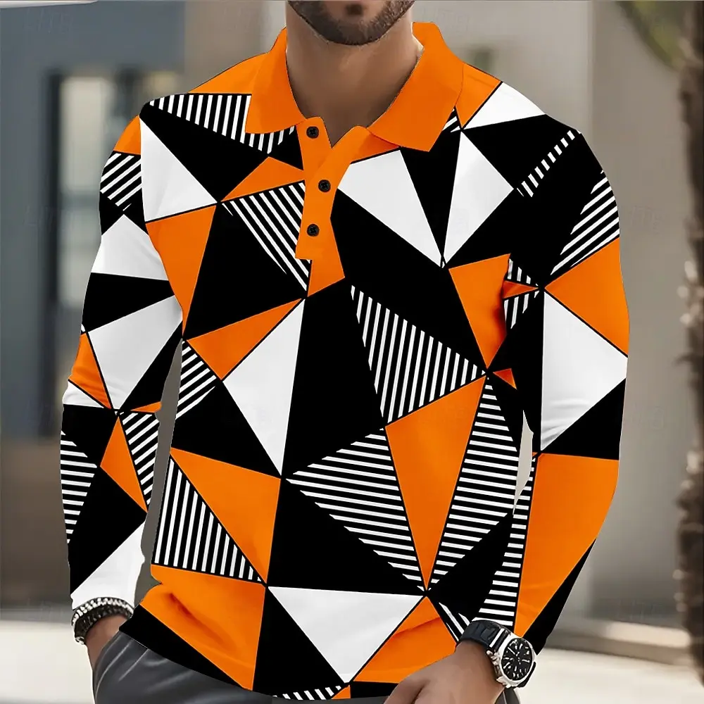 Men's Abstract Geometic Long Sleeve Polo Shirt Breathable Casual Tops Slim Fit Quick Dry Classic Collar Multi Colors Fall Winter
